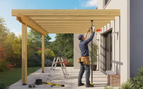 Pose d'une fixation de tonnelle sur terrasse. Un ouvrier ajuste la structure en bois avec des outils.