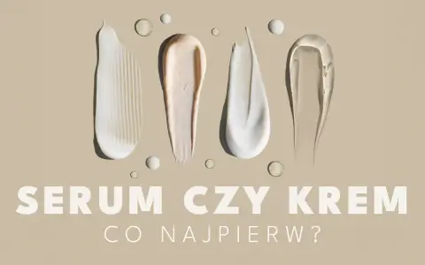 Smugi kremów i serum na beżowym tle. Czy na serum trzeba nakładać krem? Tekst: SERUM CZY KREM CO NAJPIERW?
