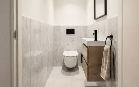 Nowoczesne, bardzo małe wc aranżacje z marmurowymi płytkami, podwieszaną miską WC i drewnianą szafką pod umywalkę.