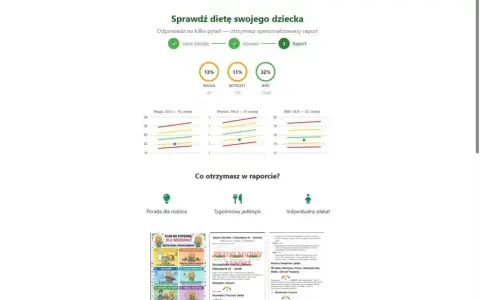 Wykresy pokazują, ile powinno ważyć dwuletnie dziecko, jego wzrost i BMI. Raport zawiera porady, jadłospis i plakat.
