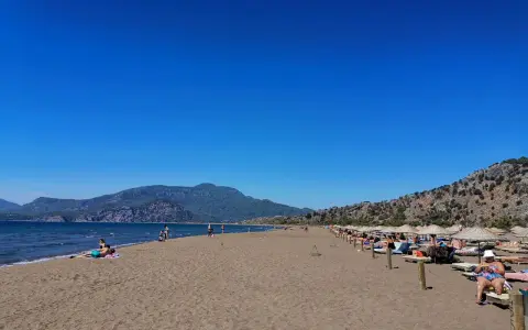 Słoneczna plaża w Sarigerme, z turkusowym morzem, górami w tle i rzędami leżaków pod słomianymi parasolami.