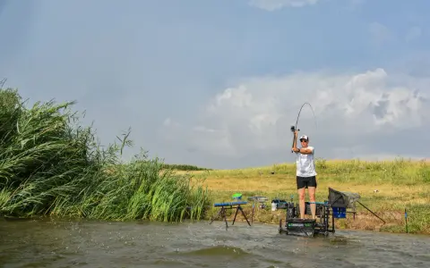 Wędkarz zmagający się z wiatrem, z napiętą wędką, gotowy do rzutu feederem do dalekich rzutów.