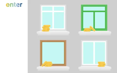 Stapel Münzen auf Fensterbänken, die unterschiedliche Fensterrahmen und -größen zeigen. Die Grafik illustriert die Frage nach den Fenster Kosten pro m2.