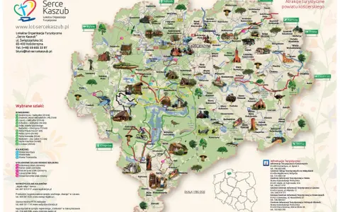 Mapa pokazuje, gdzie są Kaszuby, z zaznaczonymi szlakami rowerowymi, kajakowymi i pieszymi w powiecie kościerskim.