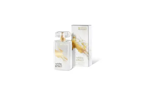 Elegancka butelka perfum Jfenzi White Effect z kartonikiem, ozdobiona złotymi pociągnięciami pędzla.