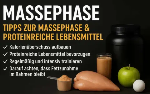 Tipps für die Massephase: proteinreiche Lebensmittel wie Hähnchen, Ei und Shake sind wichtig. Kalorienüberschuss und Training sind entscheidend.