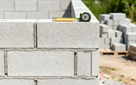 Miarka budowlana na murze z bloczków betonowych. W tle stosy materiału budowlanego. Ile bloczków betonowych na m2?