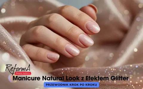 Delikatne zdobienie paznokci w naturalnym stylu z efektem glitter. Dłonie prezentują subtelny manicure, podkreślony blaskiem.