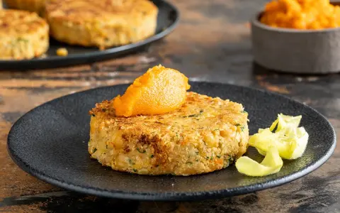Burger di ceci in scatola, dorato e croccante, servito con purea di zucca. Un'idea gustosa per le tue ricette con i ceci in scatola.