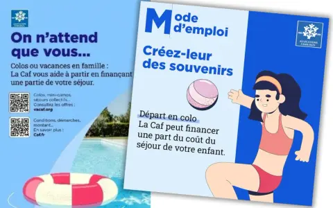 Illustration d'une jeune fille en maillot de bain, d'une bouée et d'une piscine, avec des textes sur les colonies de vacances.
