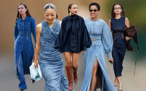 Fünf Frauen präsentieren verschiedene Wege, ein Jeanskleid zu kombinieren: von lässig bis elegant.