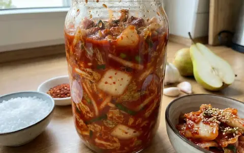 Stor burk med hemgjord kimchi, redo för fermentering. Ingredienser som chili, vitlök och päron syns i bakgrunden. Ett perfekt kimchi recept!