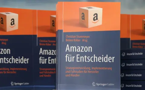 Bücher "Amazon für Entscheider" mit Amazon-Logo-Würfel im Vordergrund.
