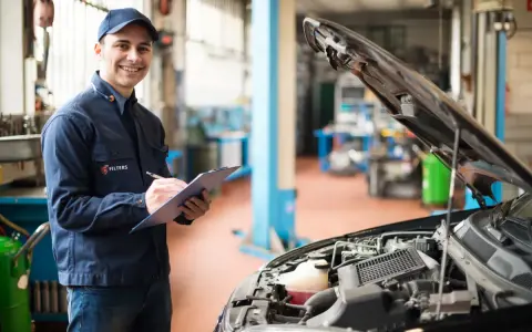 Uśmiechnięty mechanik notuje przebieg auta przed pierwszą wymianą oleju w silniku 1.5 TSI.