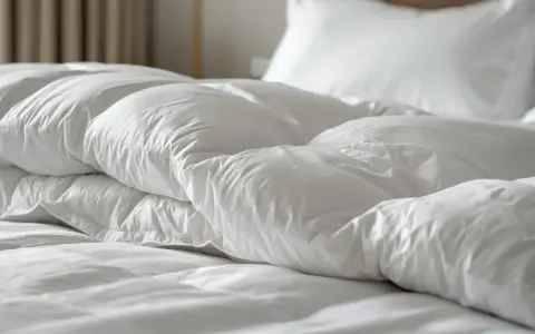 Biała, puszysta kołdra i poduszki na hotelowym łóżku.