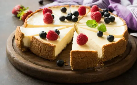 Pyszna tarta sernikowa z malinami i borówkami na drewnianej desce.