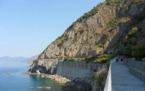 Wanderer auf dem Sentiero Azzurro entlang der felsigen Küste Liguriens. Das Meer glitzert türkisblau neben dem steilen Hang.