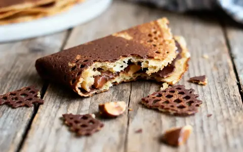 Crêpe dentelle au croustillant praliné, garnie de chocolat et noisettes, sur fond de bois.