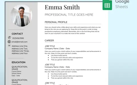 CV Emmy Smith w Google Docs, z sekcjami: dane kontaktowe, profil, kariera, edukacja.