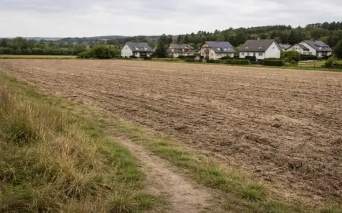Pola po odrolnieniu działki, gotowe pod budowę domów. W tle widać zabudowania i las.