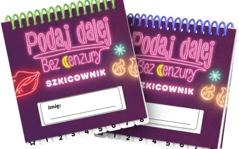 Dwa szkicowniki "Podaj dalej bez cenzury" z neonowymi ustami i płomieniami. Idealne do swobodnych notatek i rysunków.