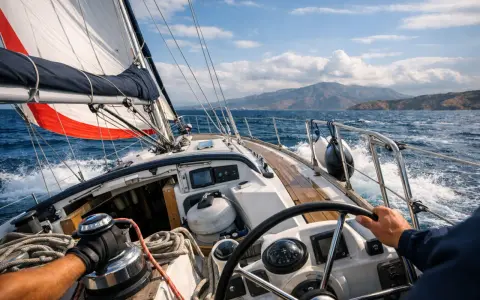 Voile blanche et rouge gonflée par le vent, le barreur guide le voilier. Un aperçu du lexique marin en action.