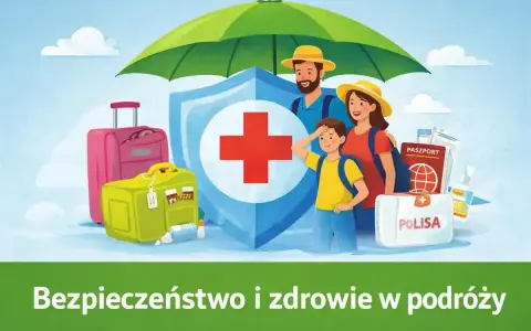 Rodzina pod parasolem ochrony z bagażem, apteczką i paszportem.