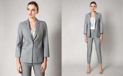 Elegancki szary garnitur damski, idealny do stylizacji business formal.