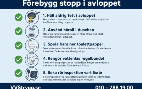 Undvik att hälla fett i avloppet, använd hårsil i duschen och spola bara ner toalettpapper för att förhindra att det luktar avlopp i huset. Rengör vattenlås och boka rörinspektion.