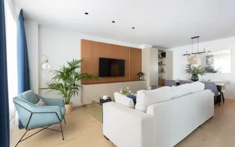 Un elegante salón moderno blanco con sofá, sillón azul, planta y mesa de comedor.