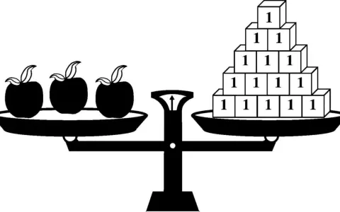 Balanza con tres manzanas en un lado y una pirámide de cubos con el número 1 en cada uno en el otro. El cuerpo manzana como vestir.