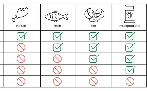 Tabelle zeigt, was eine omnivore Ernährung bedeutet: Fleisch, Fisch, Eier, Milchprodukte und pflanzliche Lebensmittel sind erlaubt.