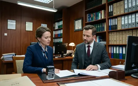 Kobieta i mężczyzna w garniturach omawiają dokumenty przy biurku. W tle regały z aktami, sugerujące sprawy dotyczące wspólności majątkowej.