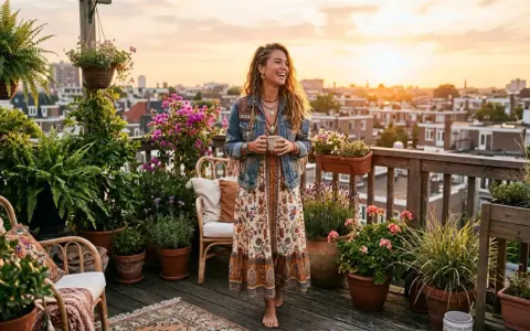 Une femme à l'allure hippie, robe fleurie et veste en jean, savoure une boisson sur un balcon fleuri, au coucher du soleil.