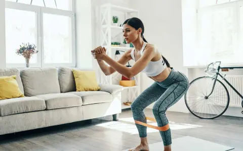 Femme faisant des squats avec une bande de résistance pour affiner ses jambes, dans un salon lumineux.