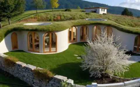 Maison semi enterrée sur un terrain en pente, avec un toit végétalisé et de grandes fenêtres cintrées. Un arbre fleuri blanc devant.