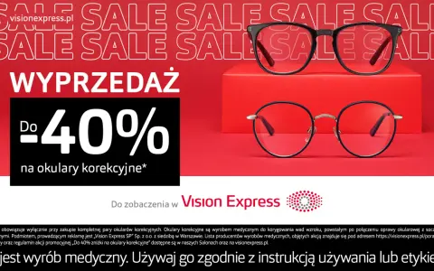 Dwa modele okularów korekcyjnych na czerwonym tle z napisem "WYPRZEDAŻ" i "Do 40%".