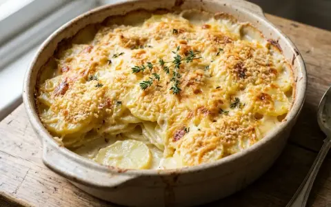 Un gratin de pommes de terre crémeux et doré, garni de thym frais, prêt à être dégusté.