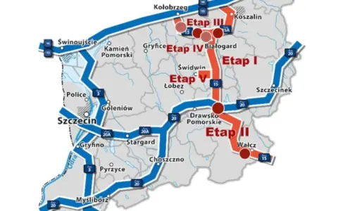 Mapa przedstawia stary kolejowy szlak podzielony na etapy I-V, z zaznaczonymi miastami jak Szczecin, Koszalin, Kołobrzeg.