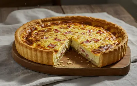 Quiche Lorraine entera con una porción cortada, mostrando su interior cremoso y trozos de tocino.