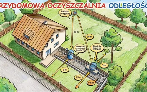 Schemat przydomowej oczyszczalni ścieków z zaznaczonymi odległościami do studni z wodą pitną i studni chłonnej.
