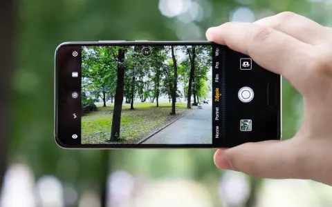 Dłoń trzyma smartfon Huawei P20, aparat kadruje parkowy krajobraz z alejką i drzewami.