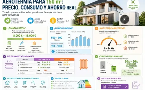Infografía sobre aerotermia para 150 m². Explica coste, consumo y ahorro. Ideal para obtener agua caliente eficiente y sostenible.