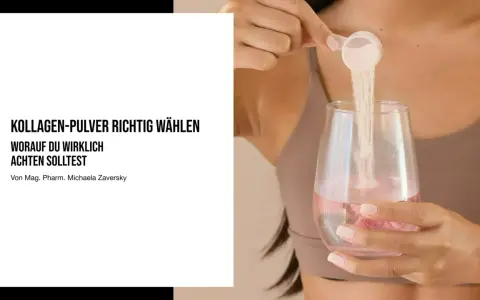 Frau gibt Kollagen-Pulver in ein Glas Wasser. Was ist das und worauf achten?