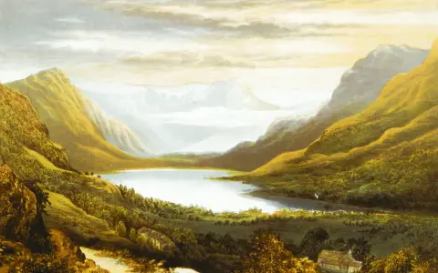 Un lago sereno entre montañas doradas, ideal para paisajes para dibujar realistas. Nubes tenues y una casa solitaria añaden detalle.