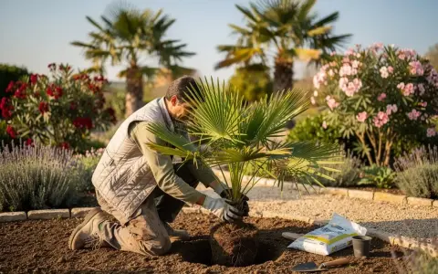 Un jardinier plante un jeune palmier dans un jardin ensoleillé, entouré de fleurs roses et de lavande.