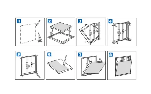 Instructions pour installer un **joint de trappe**. Les étapes montrent le traçage, l'assemblage du cadre, la fixation des tuyaux, l'application du joint, et la pose de la trappe.
