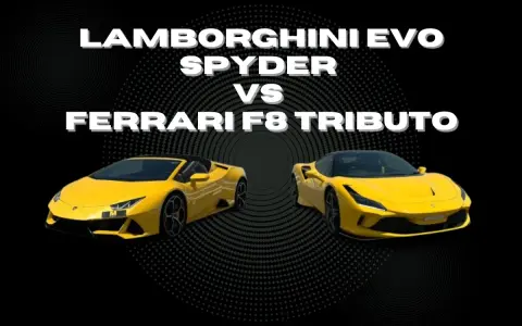 Dwa żółte supersamochody: Lamborghini Evo Spyder i Ferrari F8 Tributo.