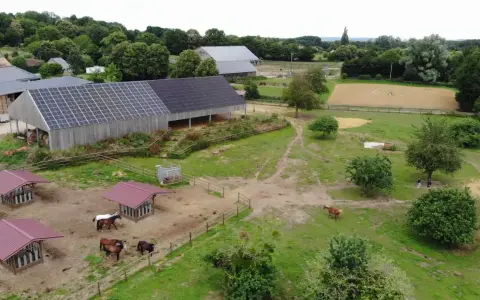 Vue aérienne d'une ferme équestre avec des chevaux au pré, des abris et un manège. Le bâtiment principal est équipé de panneaux solaires, offrant un hébergement chevaux moderne et écologique.