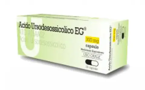 Scatola di Acido Ursodesossicolico EG 300 mg capsule. Per l'assunzione prima o dopo i pasti, consultare il foglietto illustrativo.